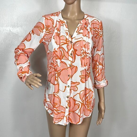 Maeve By Anthropologie Pintucked Floral Long Sleeve Button Down Shirt Size S - Picture 2 of 11